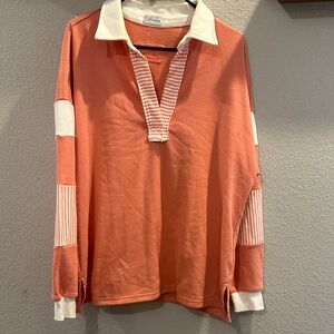 Coral and White Striped Collar Top